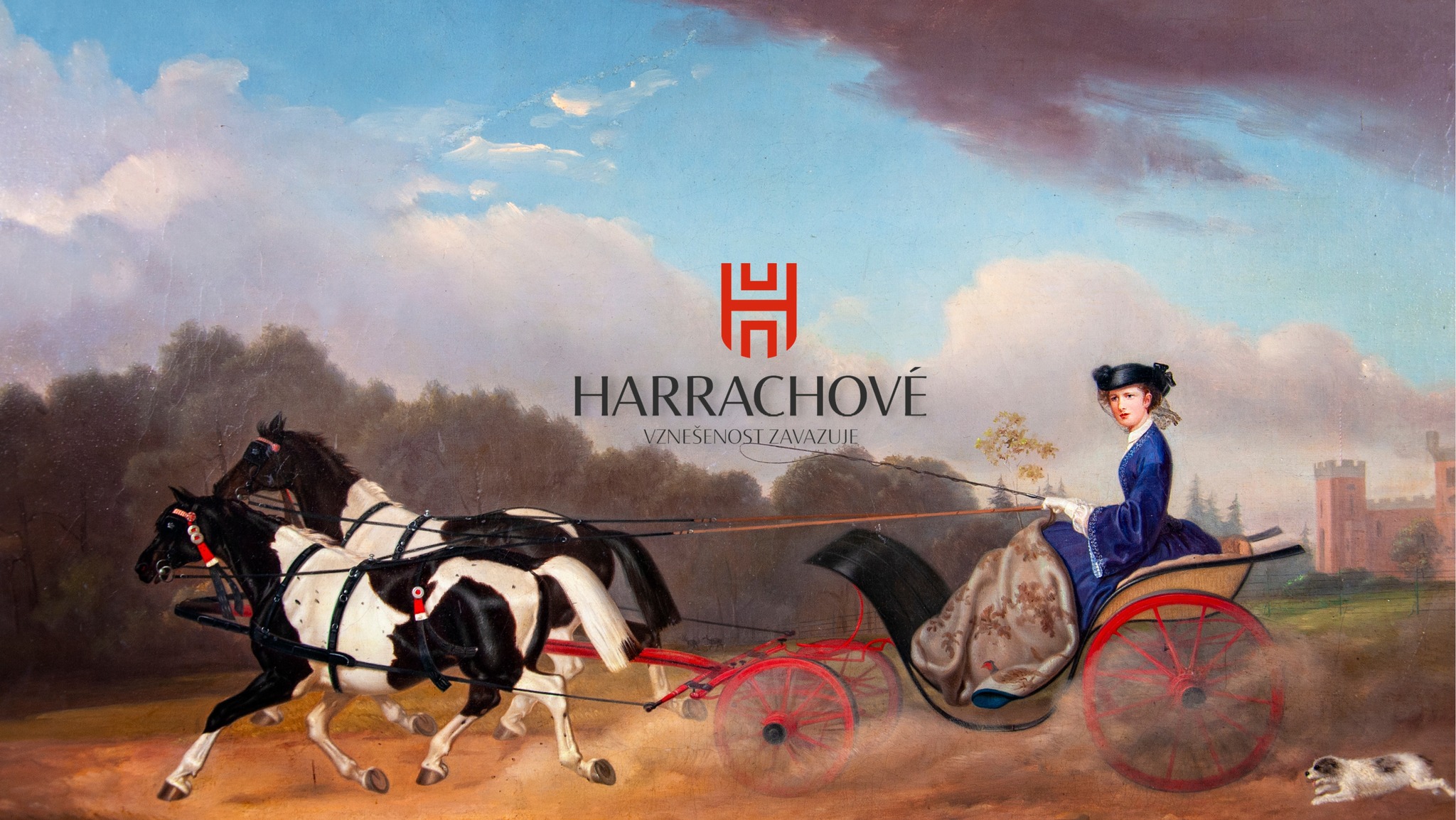 Malovaný obraz vozu taženého dvěma koňmi v okolí Hrádku u Nechanic