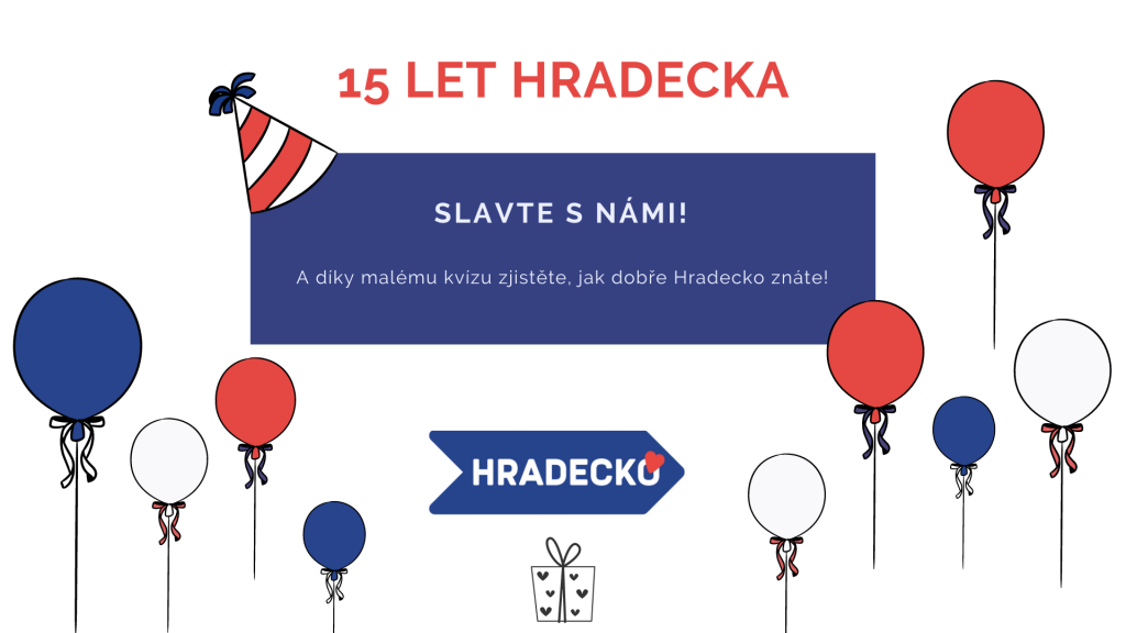 Grafický banner s modrými, červenými a bílými balónky. Uprostřed vévodí nadpis 15 let Hradecka.