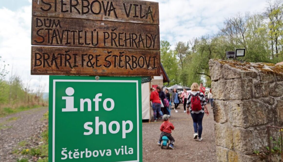 Dřevěná cedule s nápisem Štěrbova vila a pod ní umístěná plastová cedule s nápisem Info shop.