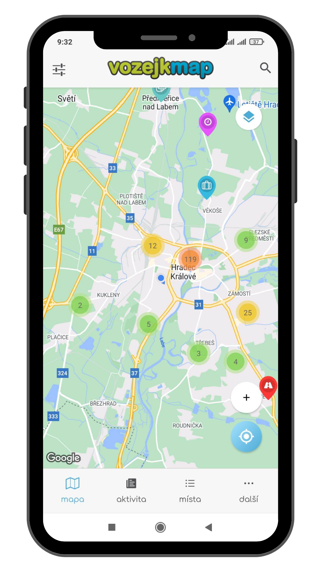 Grafický návrh telefonní obrazovky s mapou v aplikaci Vozejkmap